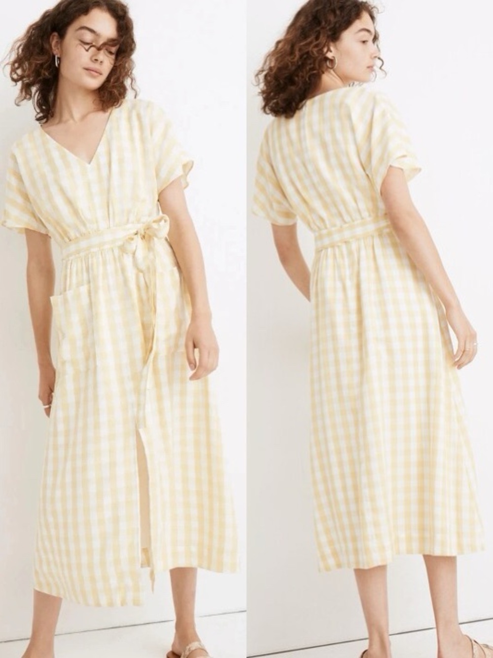 MADEWELL Gingham Plaid Yellow Wrap Midi Dress